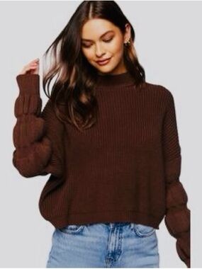 Classic Brown Knit Women's Sweater with Statement Sleeves
